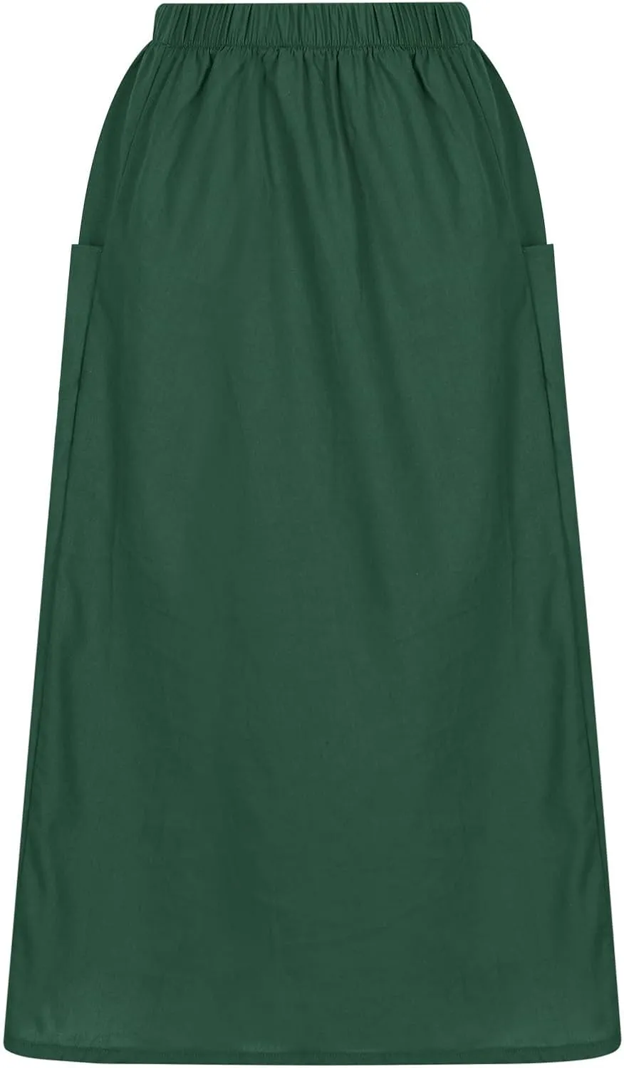 Women's Cotton Linen Midi Skirts Boho High Elastic Waist A Line Pleated Flowy Swing Long Skirts with Pockets
