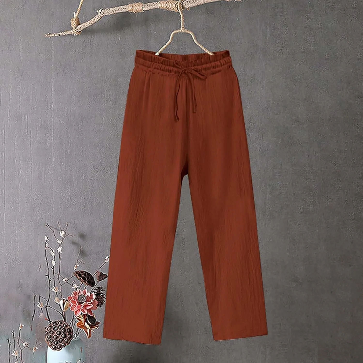 Womens Cotton Linen Pants Pants Fashion Drawstring Elastic Trousers Comfy Sports Athletic Lounge Pants with Pockets
