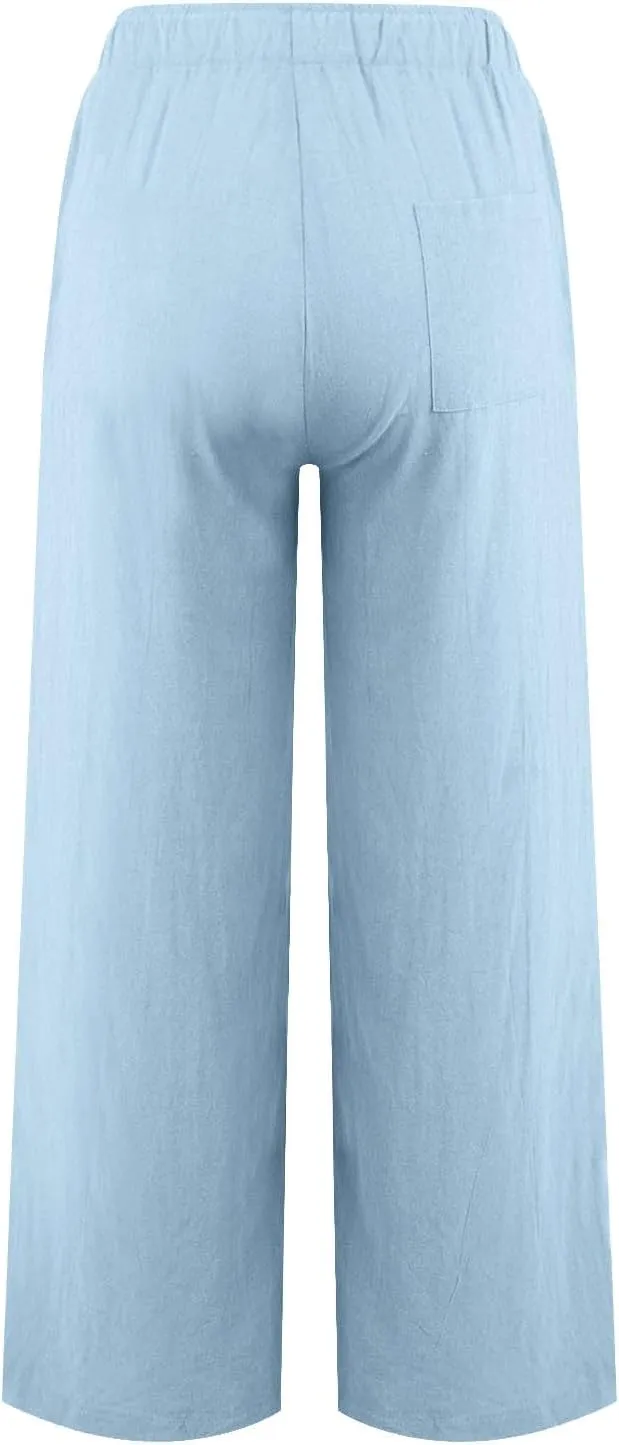 Women's Cotton Linen Pants Summer Wide Leg Casual Loose Drawstring High Waist Palazzo Pants Trousers with Pockets