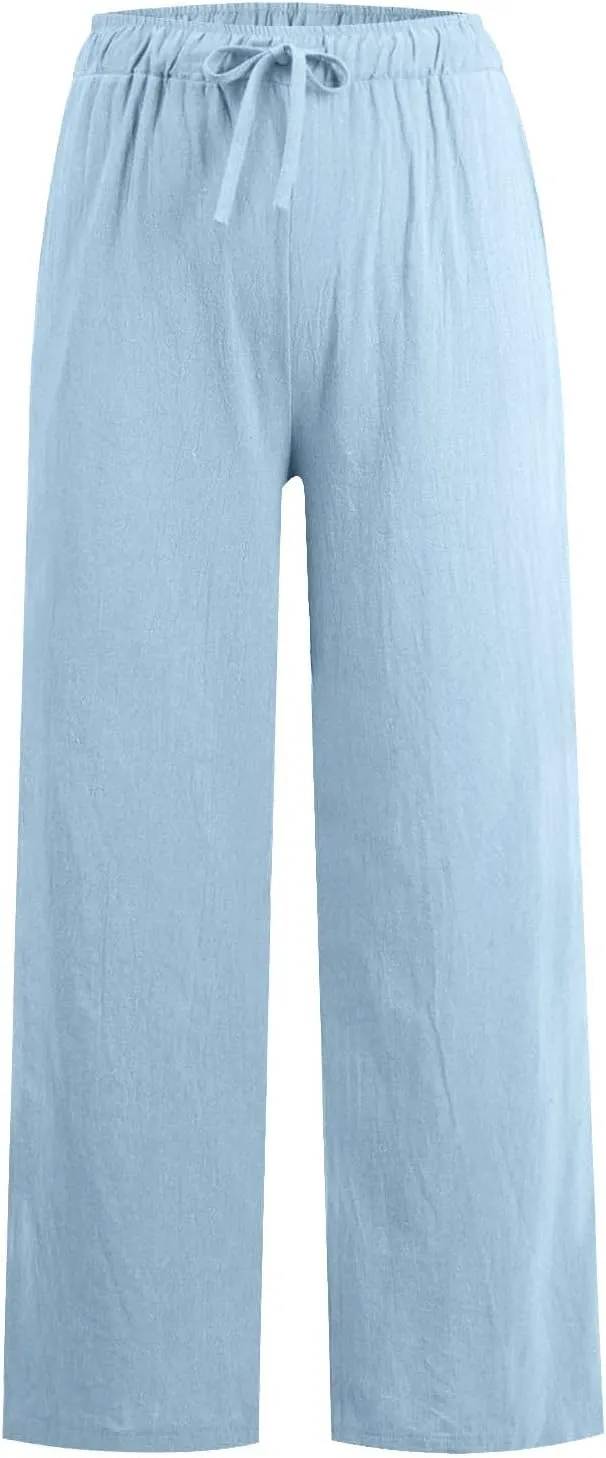 Women's Cotton Linen Pants Summer Wide Leg Casual Loose Drawstring High Waist Palazzo Pants Trousers with Pockets