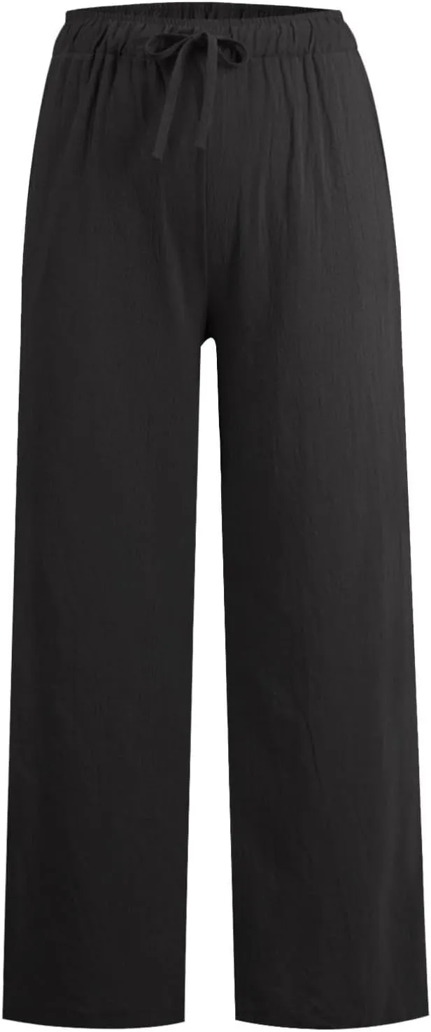 Women's Cotton Linen Pants Summer Wide Leg Casual Loose Drawstring High Waist Palazzo Pants Trousers with Pockets
