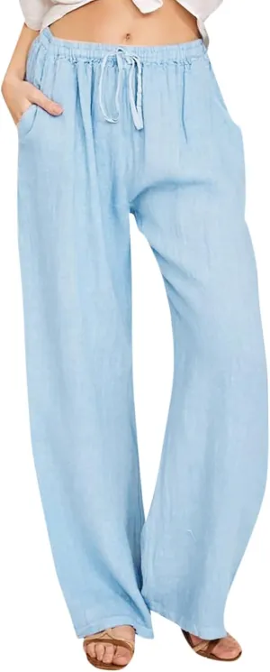 Women's Cotton Linen Pants Summer Wide Leg Casual Loose Drawstring High Waist Palazzo Pants Trousers with Pockets