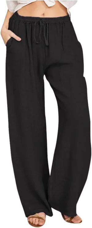 Women's Cotton Linen Pants Summer Wide Leg Casual Loose Drawstring High Waist Palazzo Pants Trousers with Pockets
