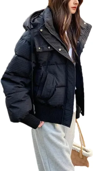 Women's Drawstring Hooded Cotton-Padded Jacket Casual Threaded Splicing Short Parka Coat