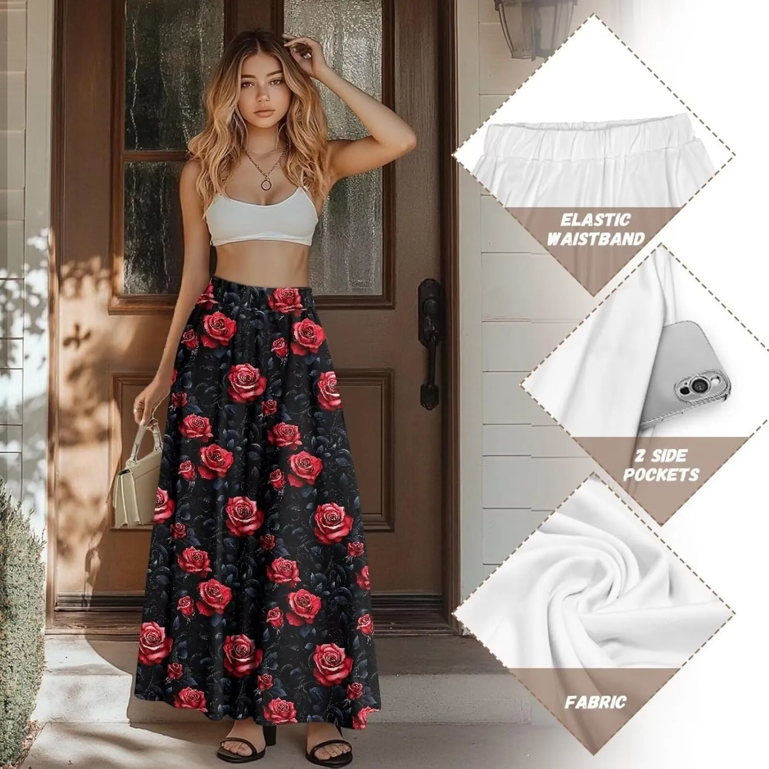 Women's Elastic High Waist Maxi Skirts Full/Ankle Length Flowy Skirt with Pockets Casual Print A Line Long Skirt