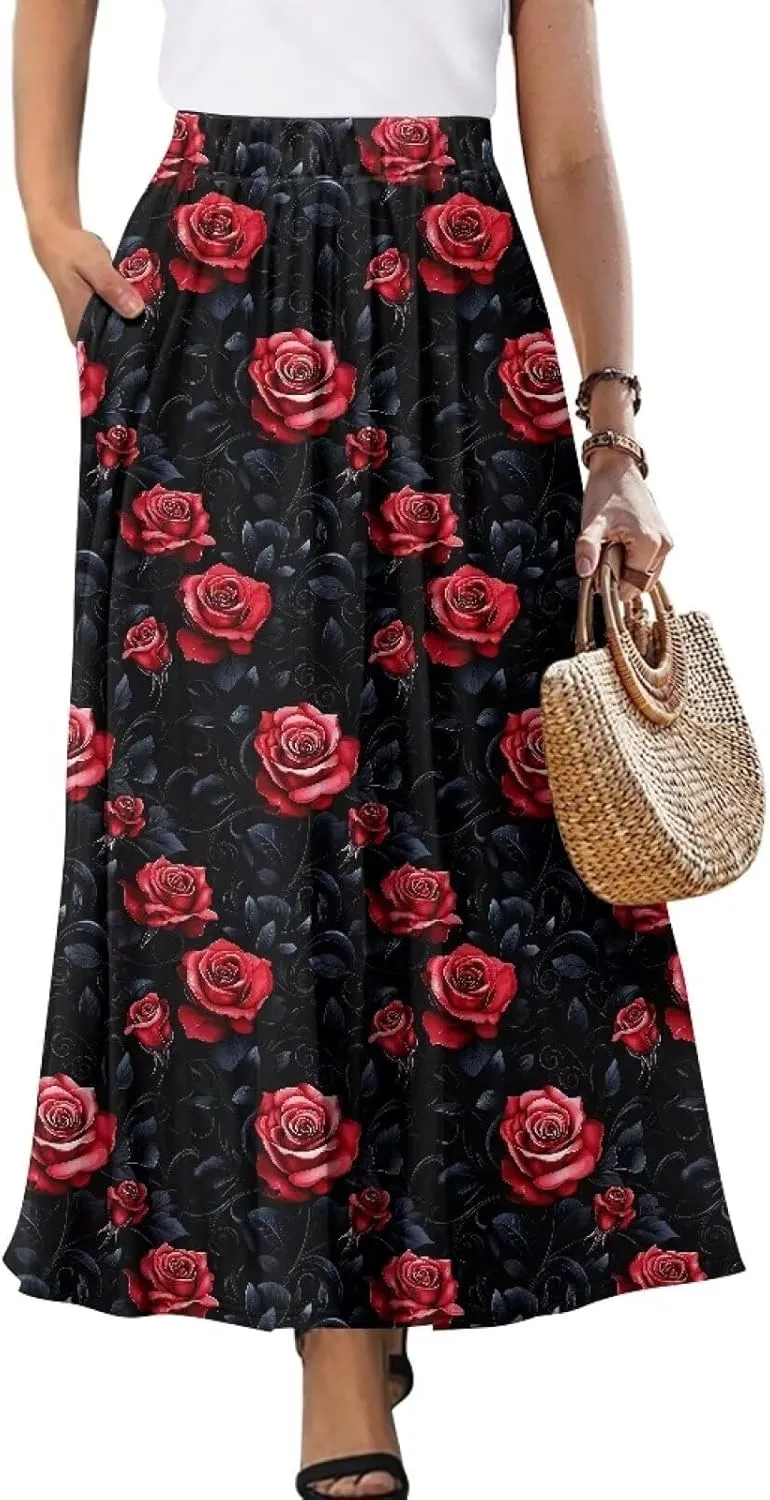 Women's Elastic High Waist Maxi Skirts Full/Ankle Length Flowy Skirt with Pockets Casual Print A Line Long Skirt