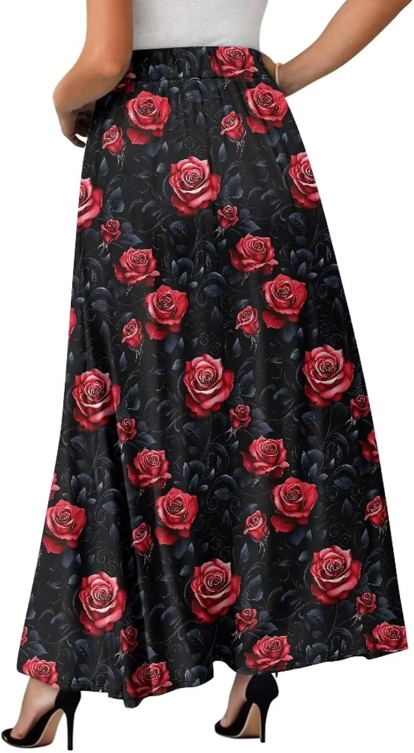 Women's Elastic High Waist Maxi Skirts Full/Ankle Length Flowy Skirt with Pockets Casual Print A Line Long Skirt