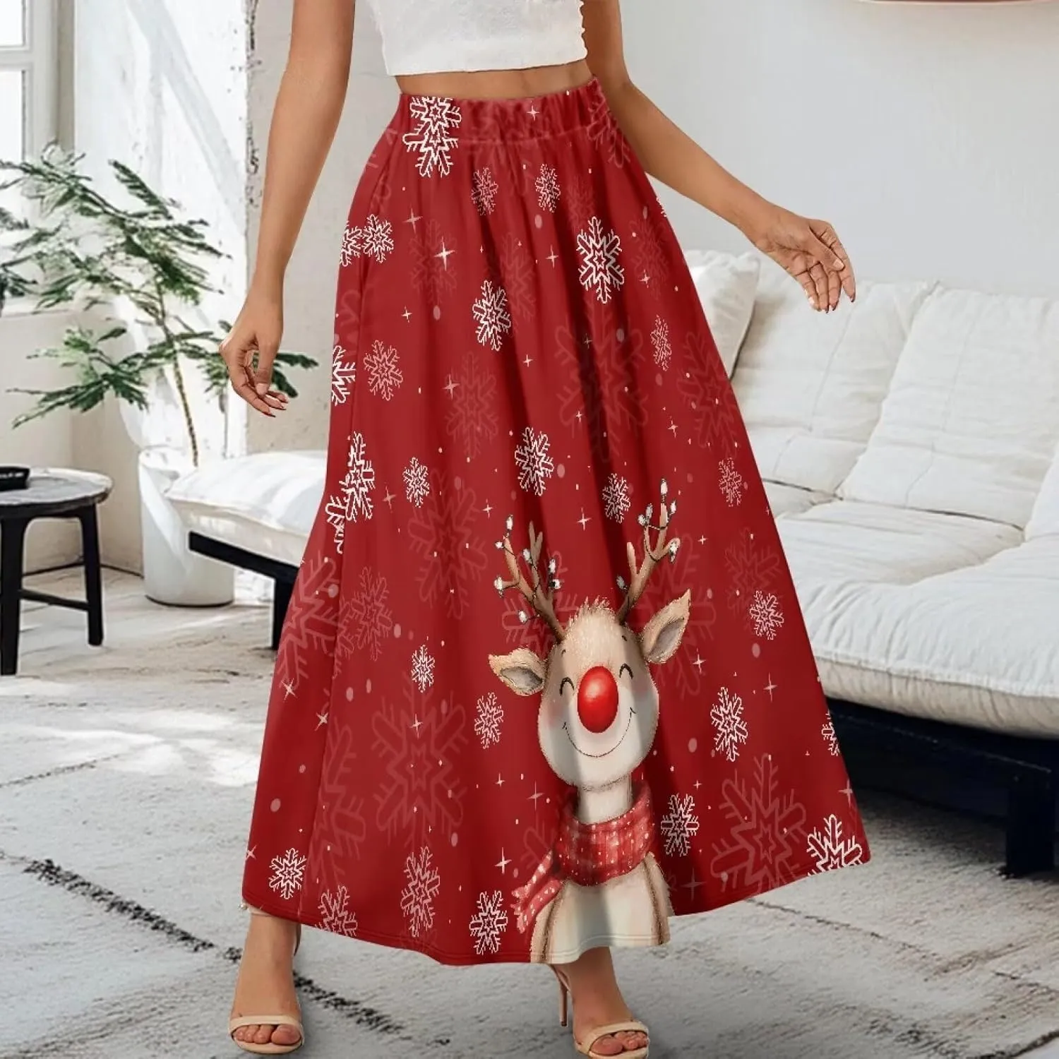 Women's Elastic High Waist Maxi Skirts Full/Ankle Length Flowy Skirt with Pockets Casual Print A Line Long Skirt