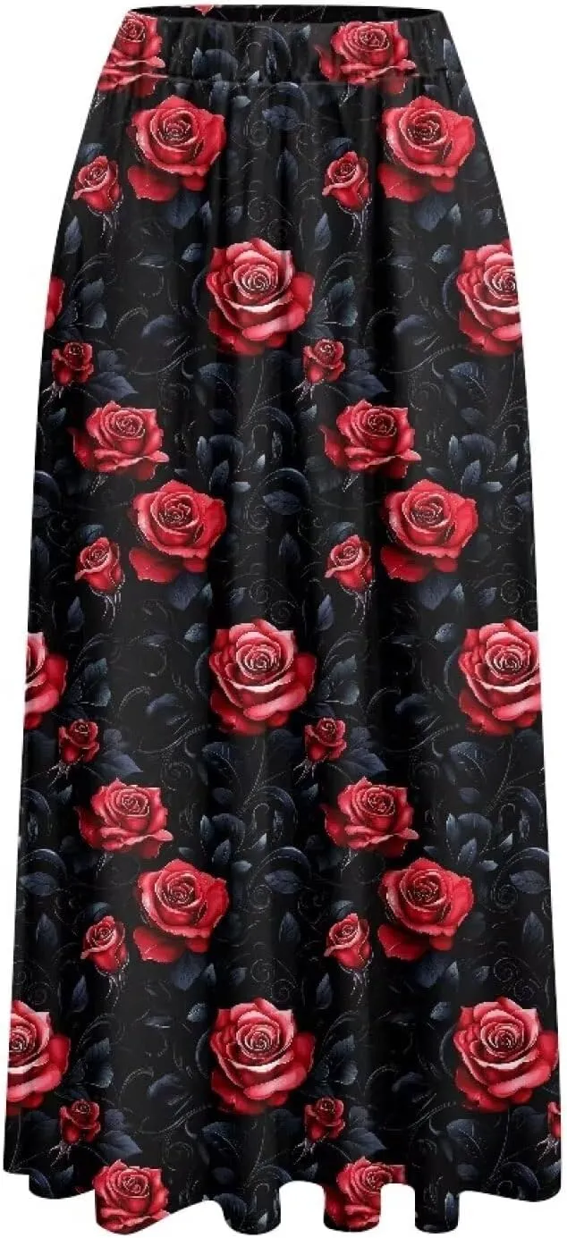 Women's Elastic High Waist Maxi Skirts Full/Ankle Length Flowy Skirt with Pockets Casual Print A Line Long Skirt