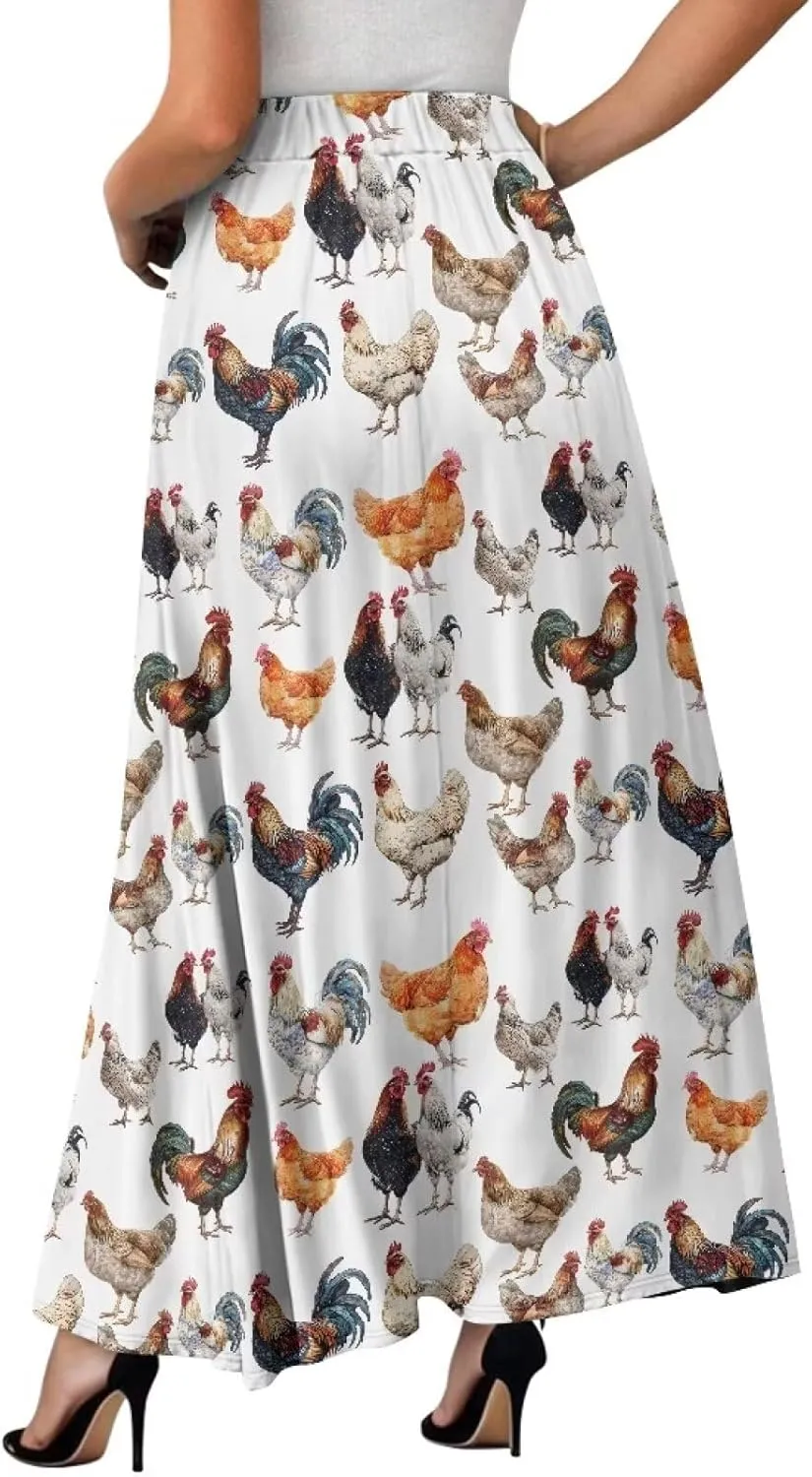 Women's Elastic High Waist Maxi Skirts Full/Ankle Length Flowy Skirt with Pockets Casual Print A Line Long Skirt