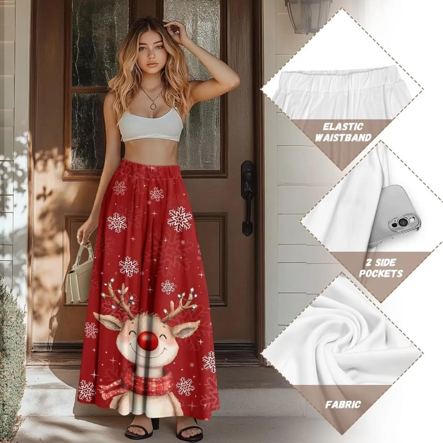 Women's Elastic High Waist Maxi Skirts Full/Ankle Length Flowy Skirt with Pockets Casual Print A Line Long Skirt