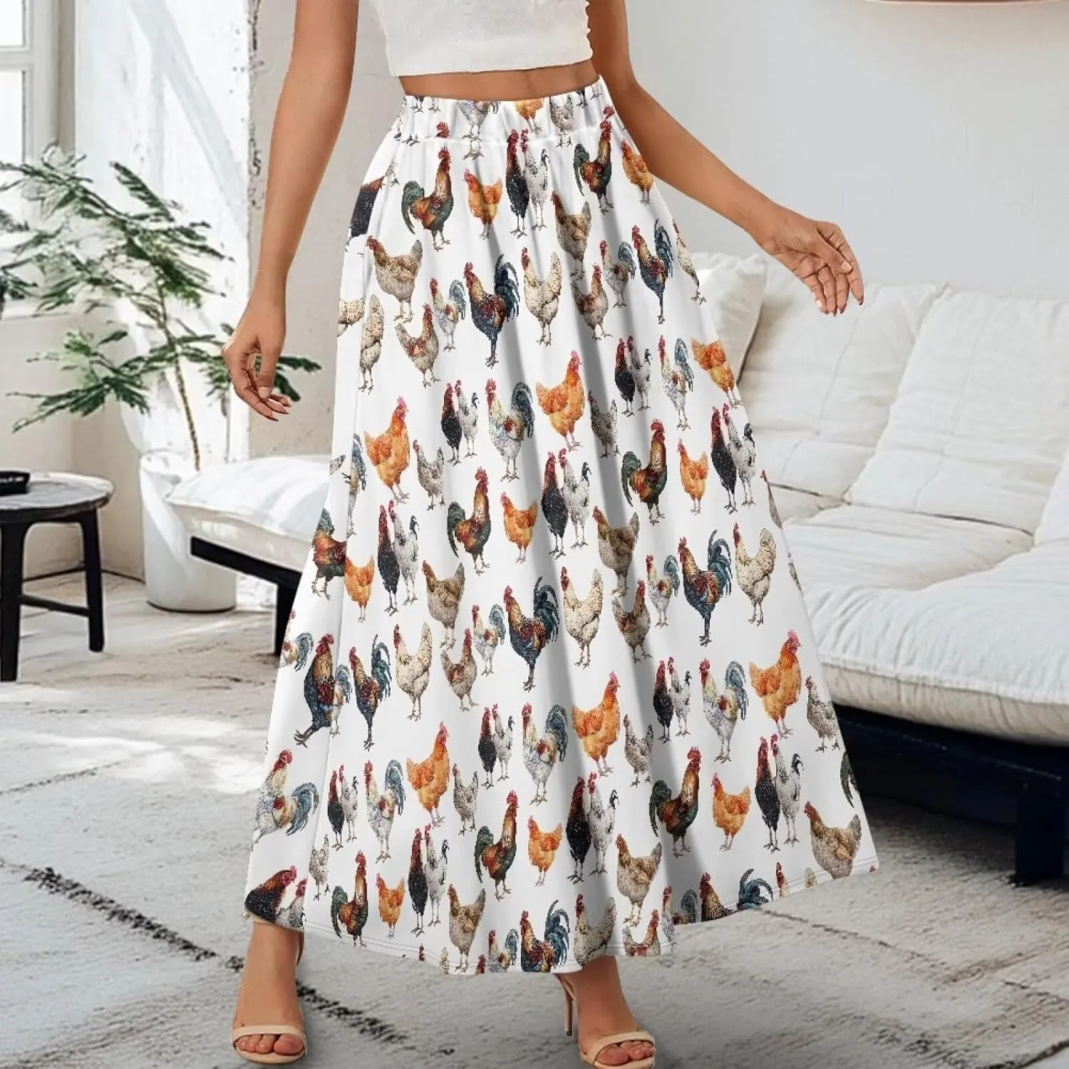 Women's Elastic High Waist Maxi Skirts Full/Ankle Length Flowy Skirt with Pockets Casual Print A Line Long Skirt
