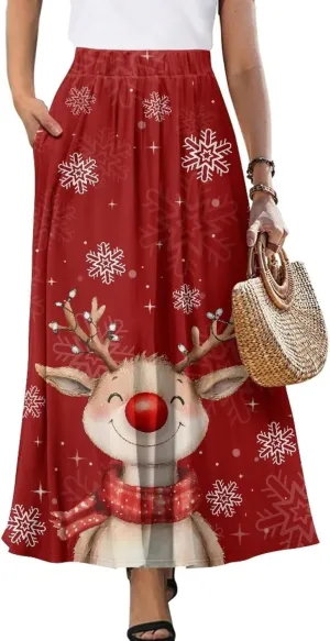 Women's Elastic High Waist Maxi Skirts Full/Ankle Length Flowy Skirt with Pockets Casual Print A Line Long Skirt