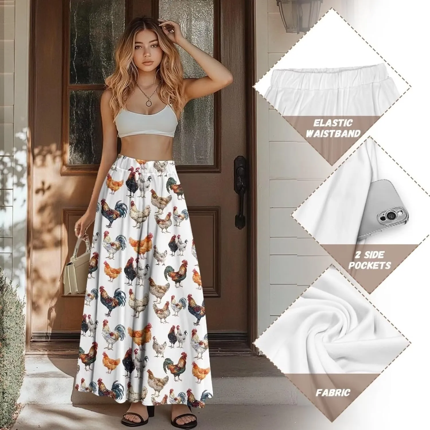 Women's Elastic High Waist Maxi Skirts Full/Ankle Length Flowy Skirt with Pockets Casual Print A Line Long Skirt
