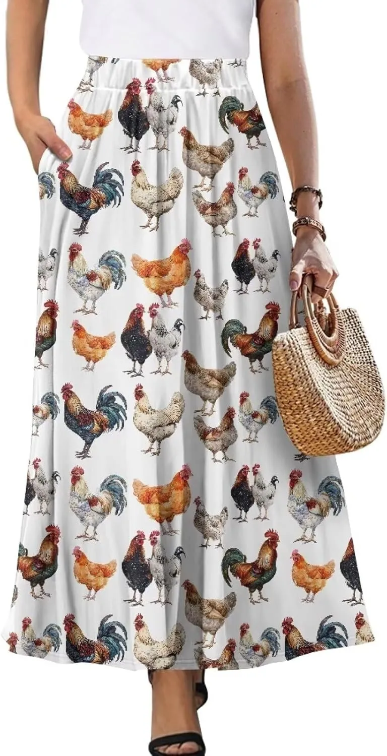 Women's Elastic High Waist Maxi Skirts Full/Ankle Length Flowy Skirt with Pockets Casual Print A Line Long Skirt