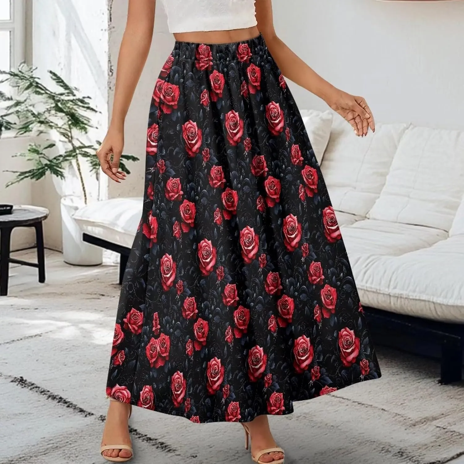 Women's Elastic High Waist Maxi Skirts Full/Ankle Length Flowy Skirt with Pockets Casual Print A Line Long Skirt
