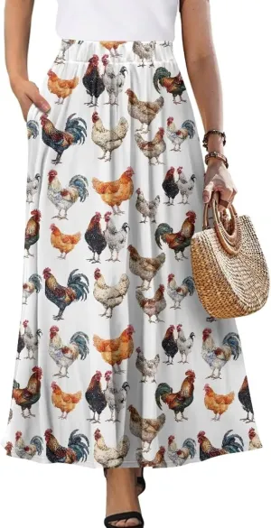 Women's Elastic High Waist Maxi Skirts Full/Ankle Length Flowy Skirt with Pockets Casual Print A Line Long Skirt