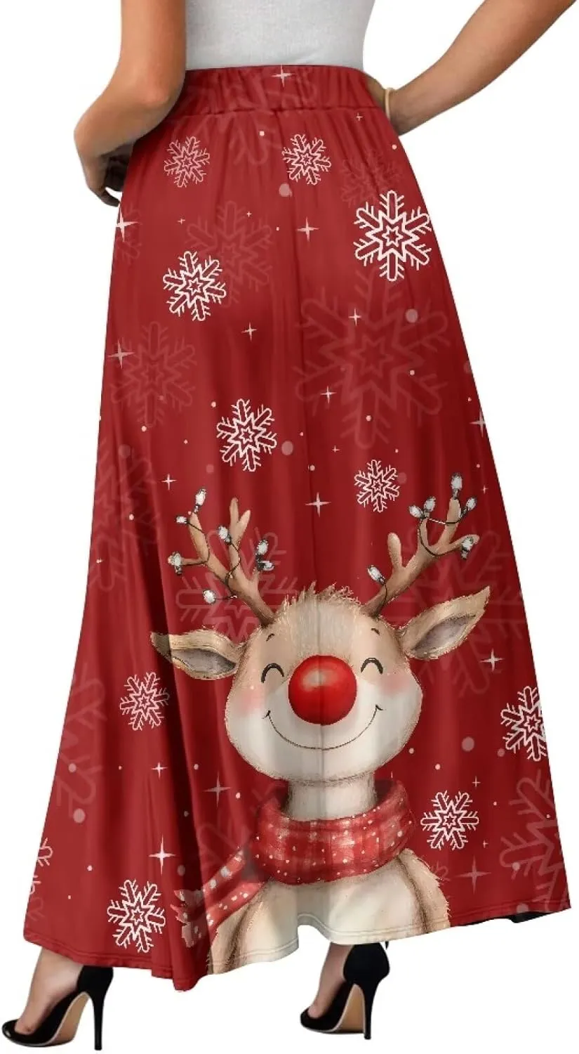 Women's Elastic High Waist Maxi Skirts Full/Ankle Length Flowy Skirt with Pockets Casual Print A Line Long Skirt
