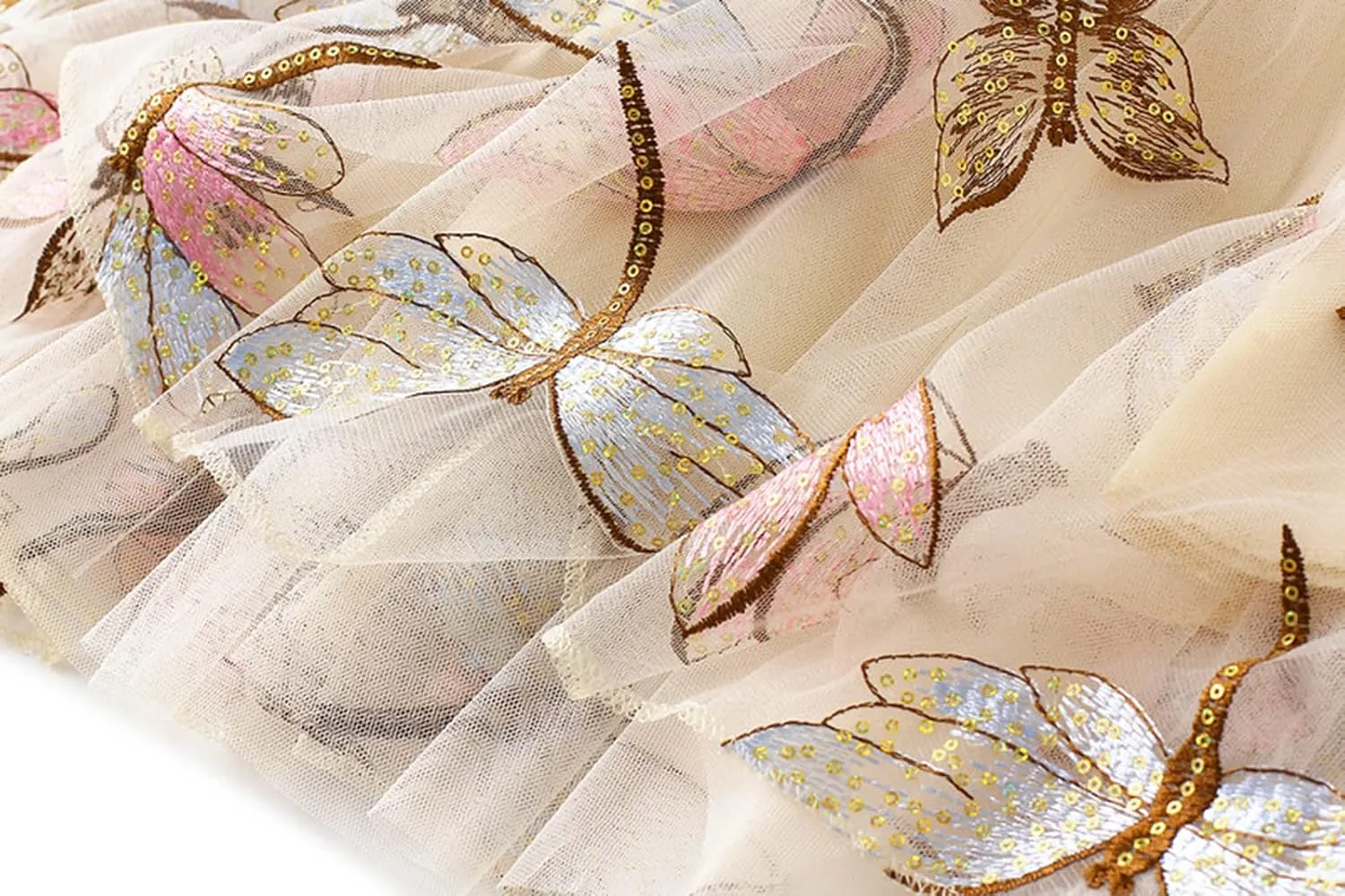 Women's Embroidery Tutu Tulle Skirt, Elastic Waist Layered Skirt Floral Print Mesh Pleated Skirt