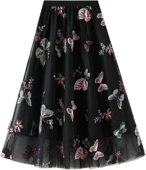 Women's Embroidery Tutu Tulle Skirt, Elastic Waist Layered Skirt Floral Print Mesh Pleated Skirt