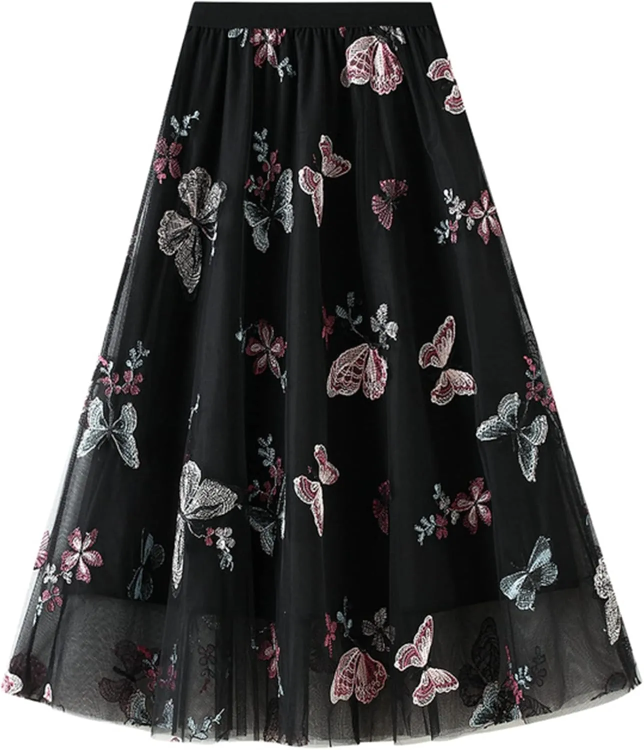 Women's Embroidery Tutu Tulle Skirt, Elastic Waist Layered Skirt Floral Print Mesh Pleated Skirt