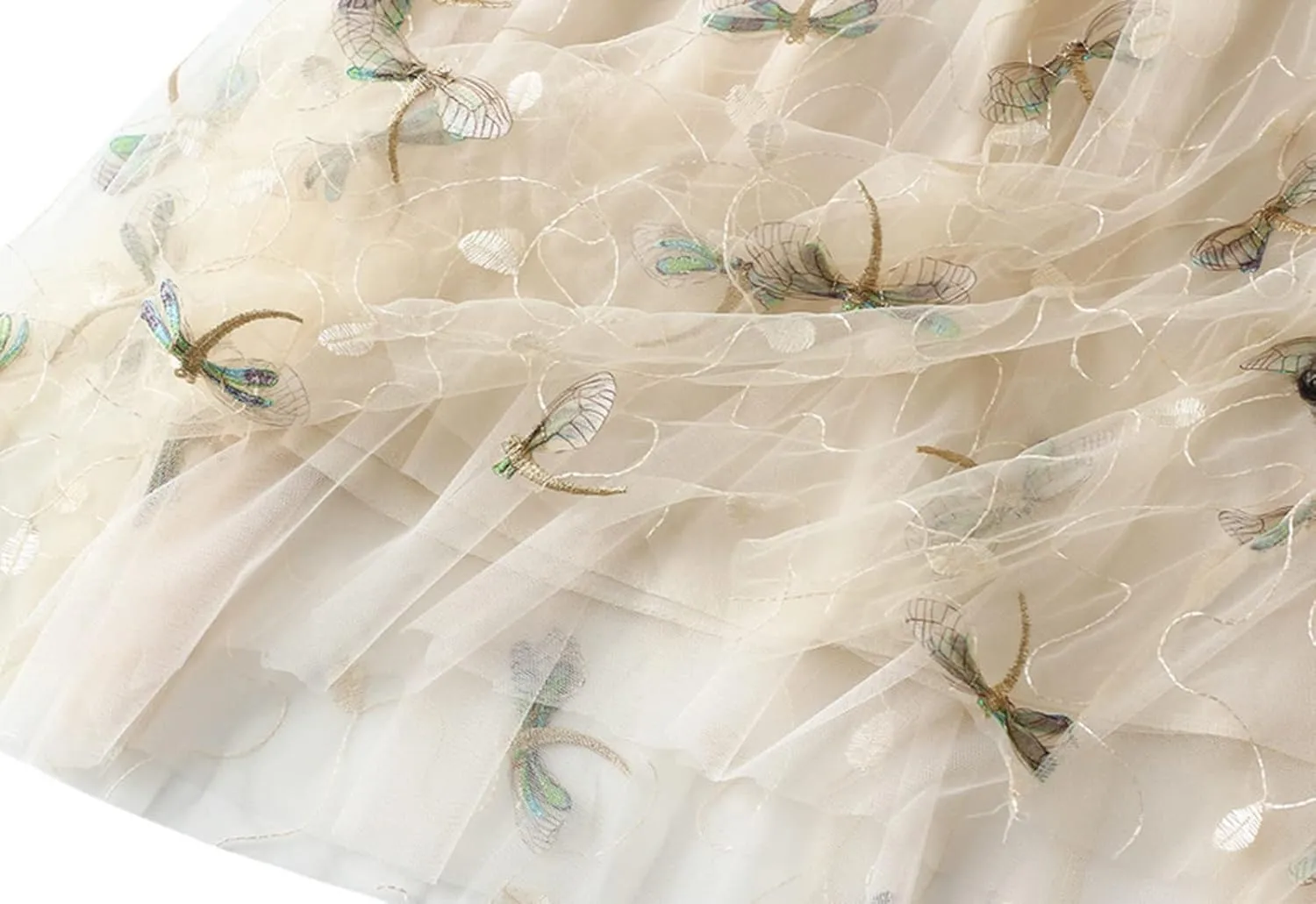 Women's Embroidery Tutu Tulle Skirt, Elastic Waist Layered Skirt Floral Print Mesh Pleated Skirt