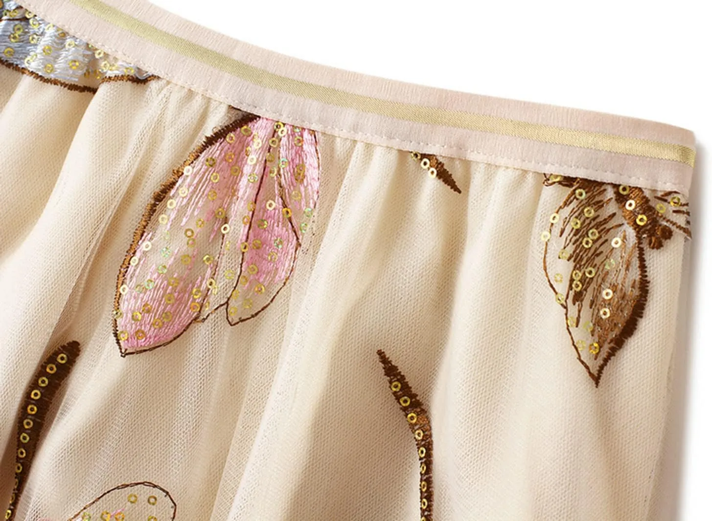 Women's Embroidery Tutu Tulle Skirt, Elastic Waist Layered Skirt Floral Print Mesh Pleated Skirt