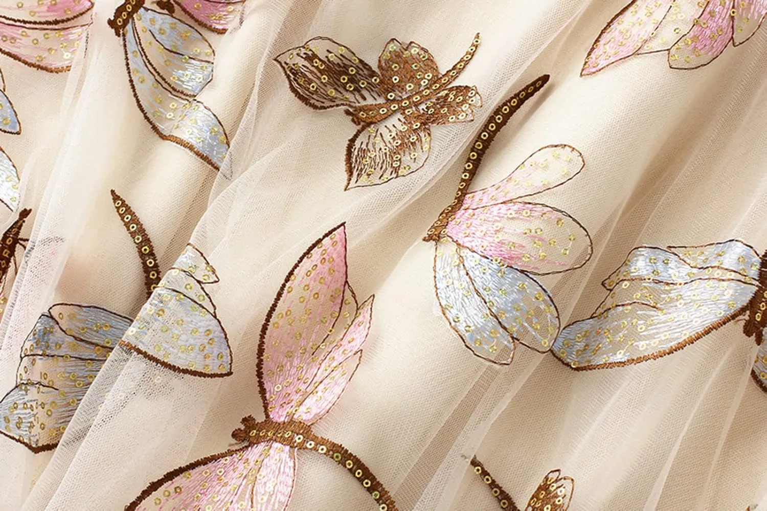 Women's Embroidery Tutu Tulle Skirt, Elastic Waist Layered Skirt Floral Print Mesh Pleated Skirt