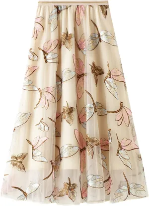 Women's Embroidery Tutu Tulle Skirt, Elastic Waist Layered Skirt Floral Print Mesh Pleated Skirt