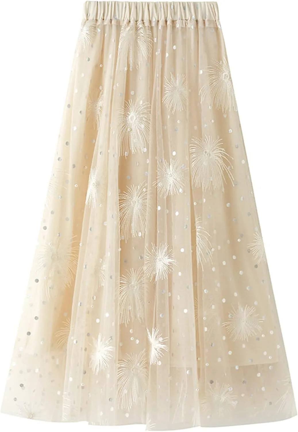 Women's Embroidery Tutu Tulle Skirt, Elastic Waist Layered Skirt Floral Print Mesh Pleated Skirt