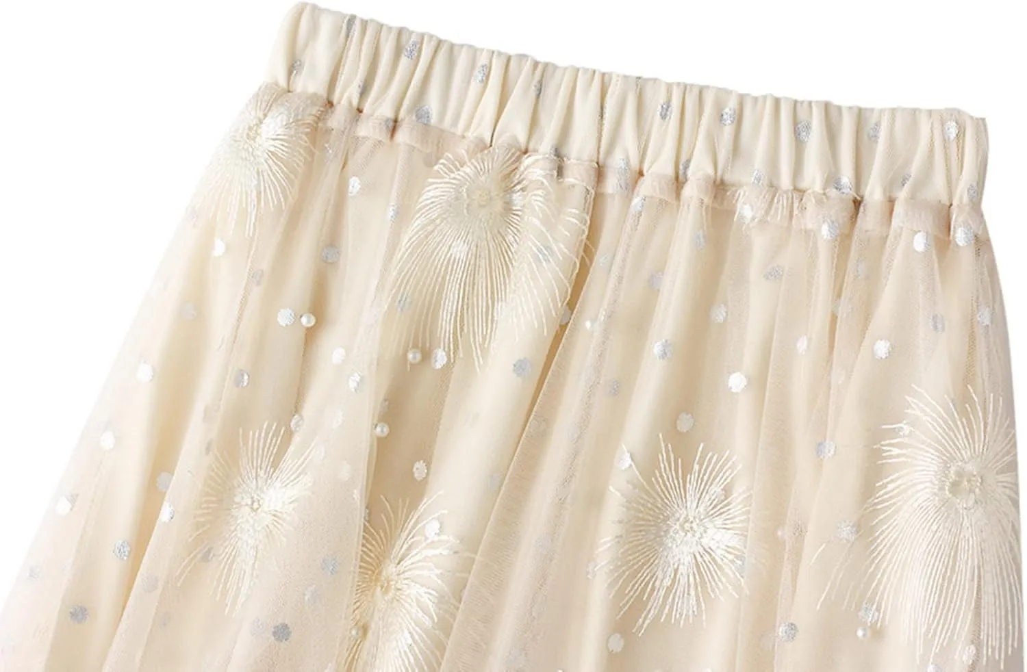 Women's Embroidery Tutu Tulle Skirt, Elastic Waist Layered Skirt Floral Print Mesh Pleated Skirt