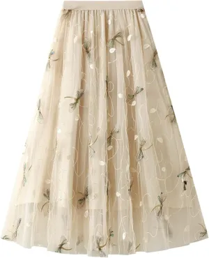 Women's Embroidery Tutu Tulle Skirt, Elastic Waist Layered Skirt Floral Print Mesh Pleated Skirt