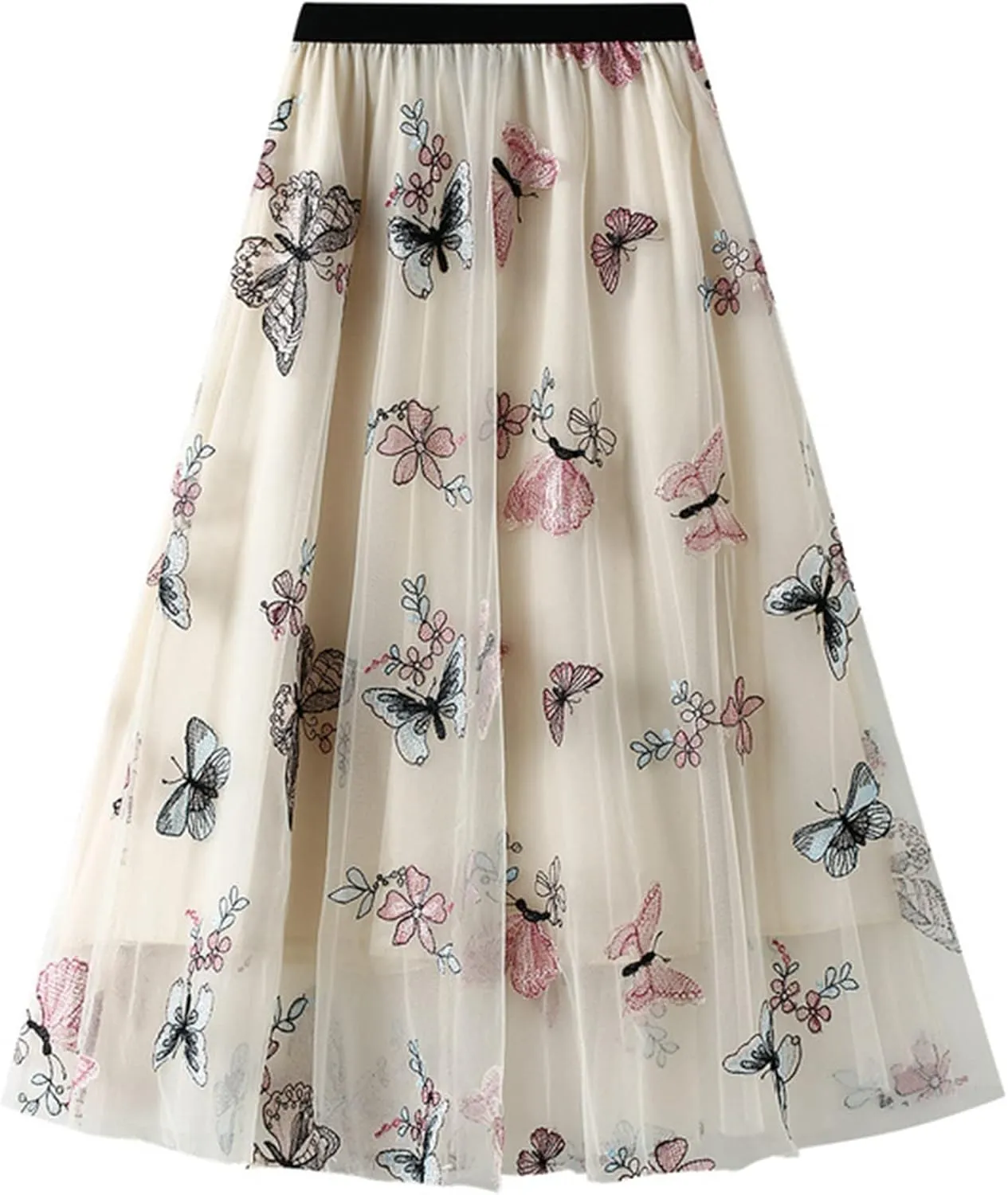 Women's Embroidery Tutu Tulle Skirt, Elastic Waist Layered Skirt Floral Print Mesh Pleated Skirt