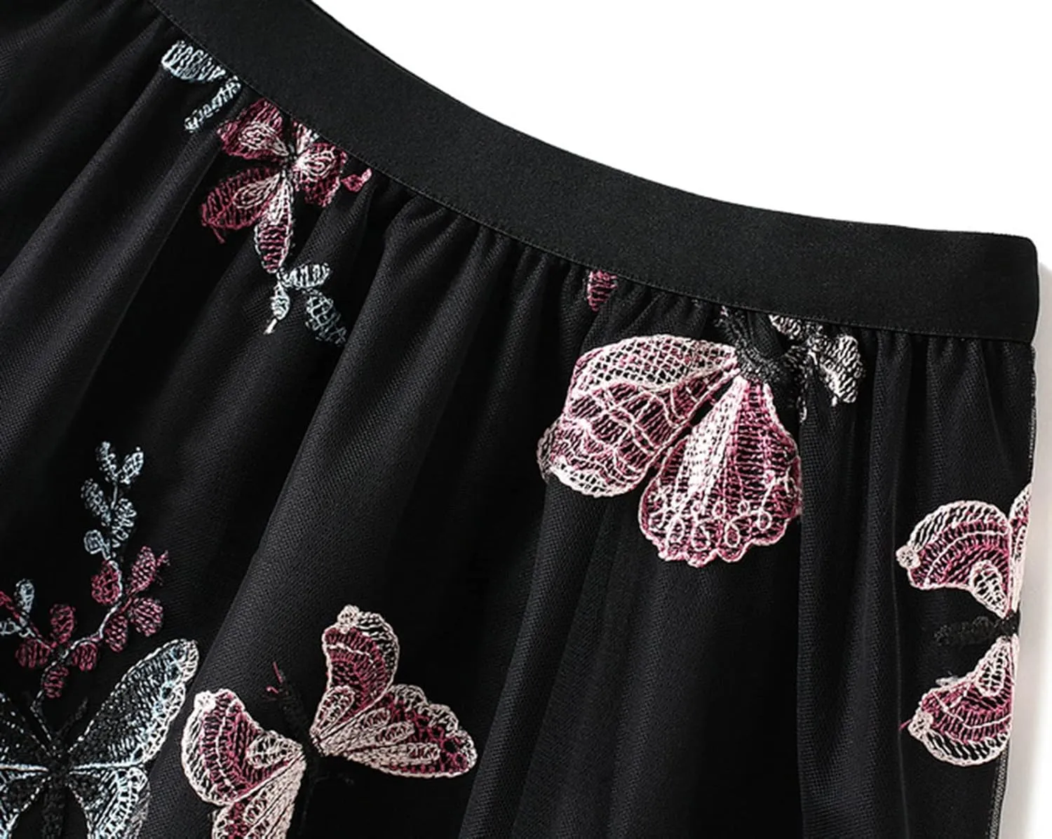 Women's Embroidery Tutu Tulle Skirt, Elastic Waist Layered Skirt Floral Print Mesh Pleated Skirt