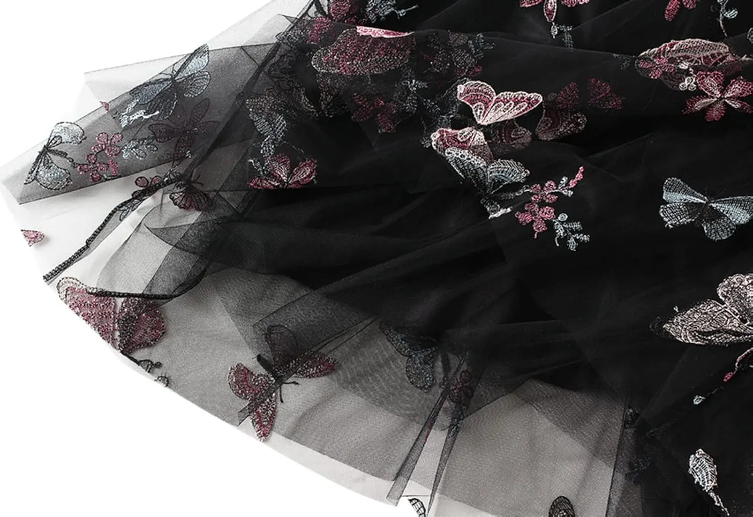 Women's Embroidery Tutu Tulle Skirt, Elastic Waist Layered Skirt Floral Print Mesh Pleated Skirt