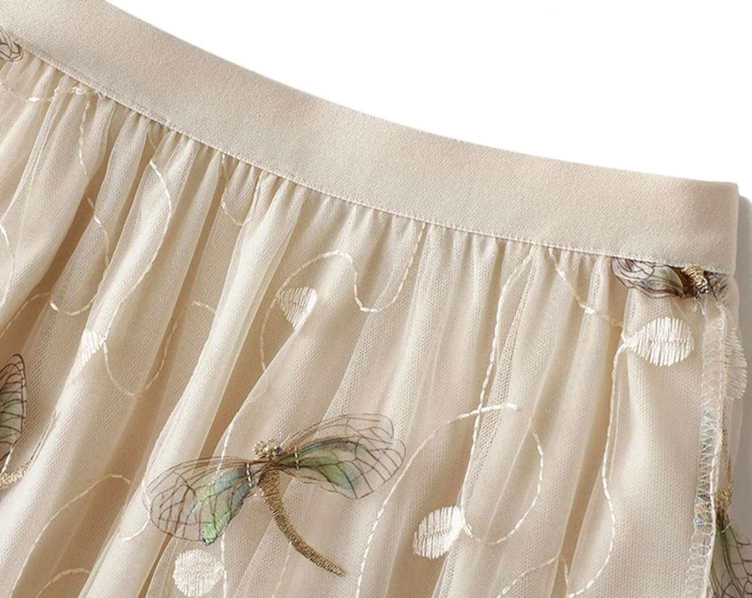 Women's Embroidery Tutu Tulle Skirt, Elastic Waist Layered Skirt Floral Print Mesh Pleated Skirt