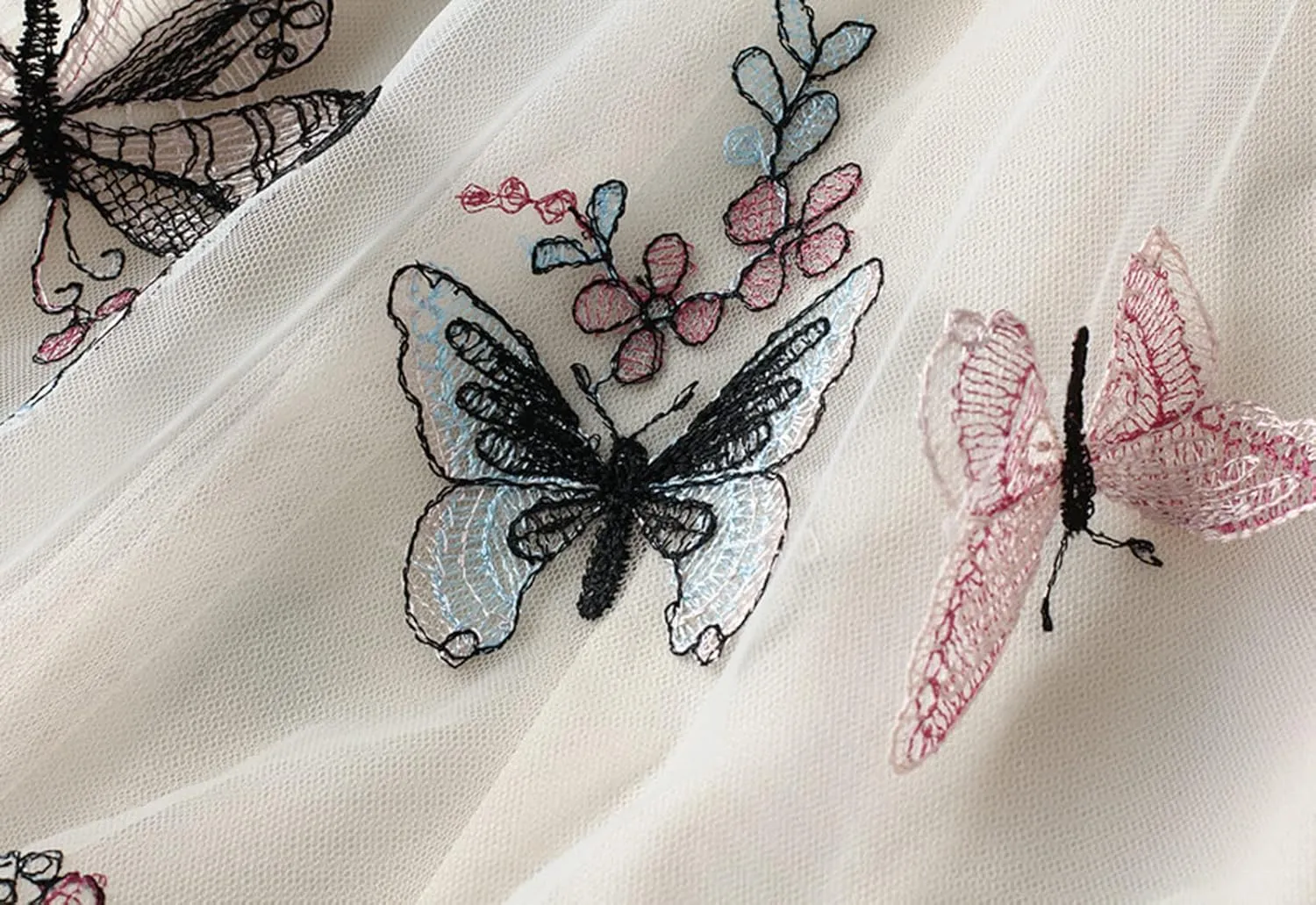 Women's Embroidery Tutu Tulle Skirt, Elastic Waist Layered Skirt Floral Print Mesh Pleated Skirt