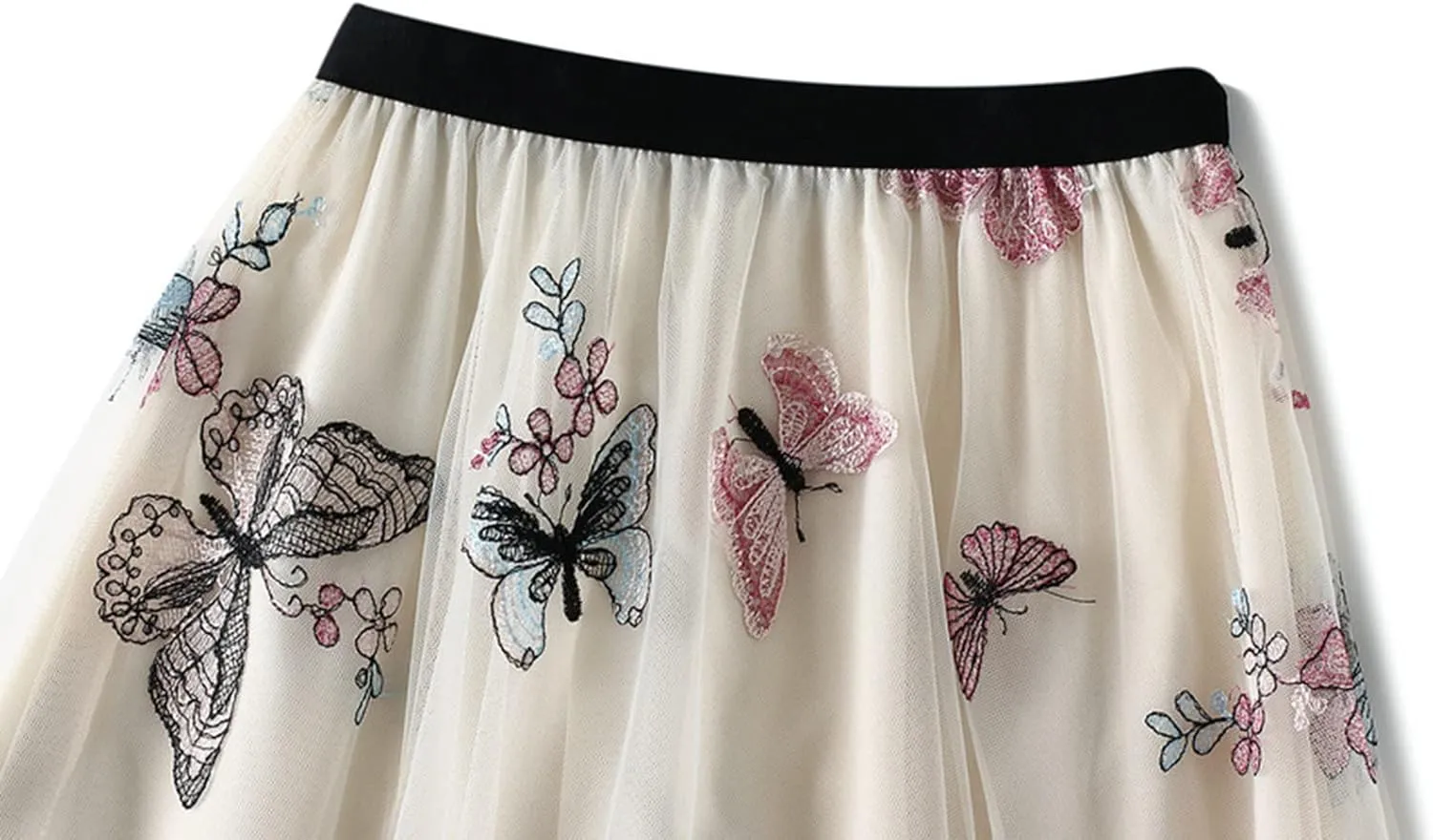 Women's Embroidery Tutu Tulle Skirt, Elastic Waist Layered Skirt Floral Print Mesh Pleated Skirt