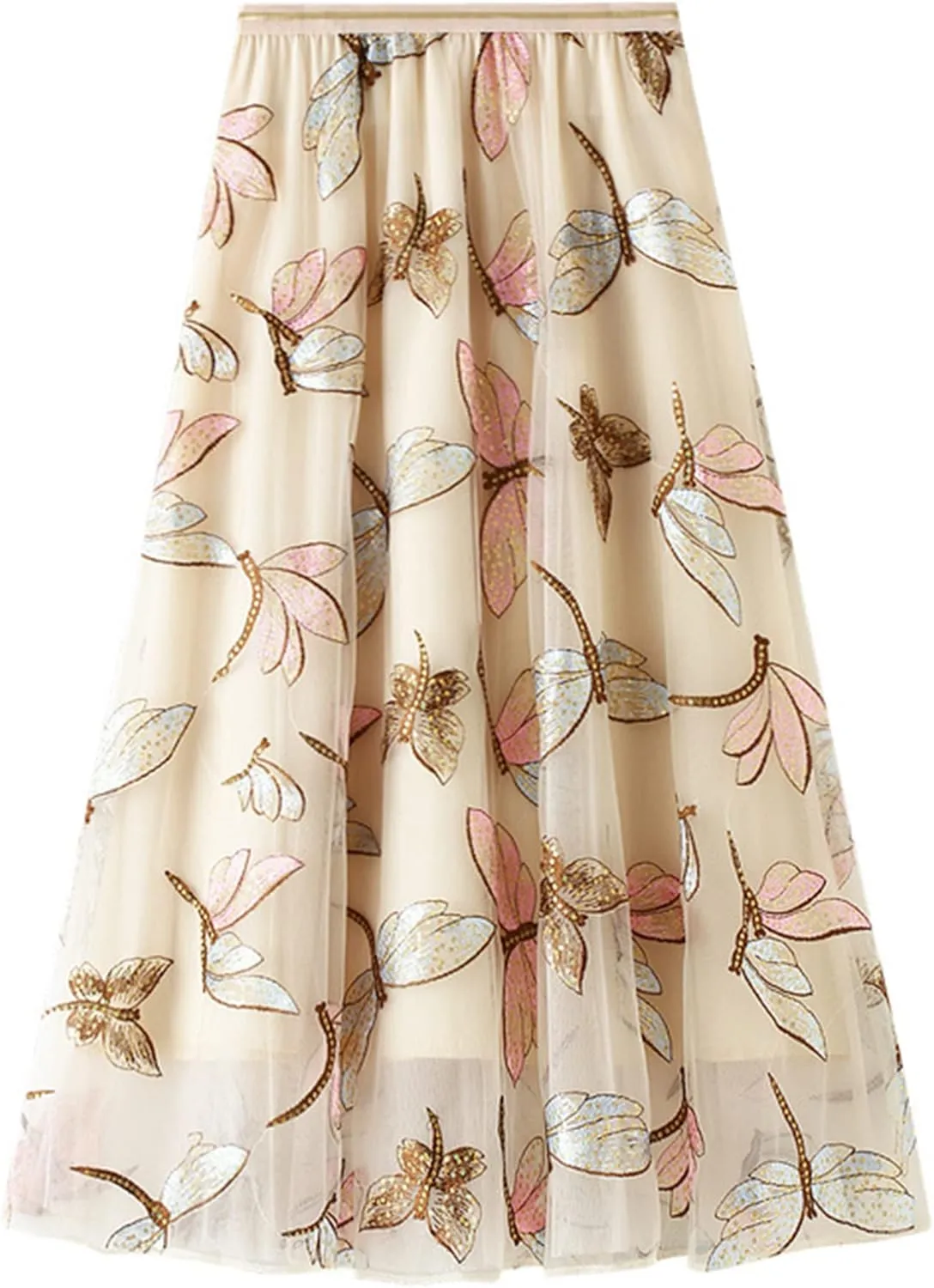 Women's Embroidery Tutu Tulle Skirt, Elastic Waist Layered Skirt Floral Print Mesh Pleated Skirt
