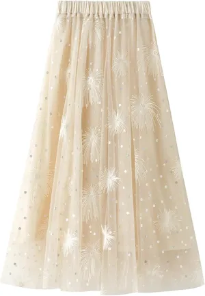 Women's Embroidery Tutu Tulle Skirt, Elastic Waist Layered Skirt Floral Print Mesh Pleated Skirt