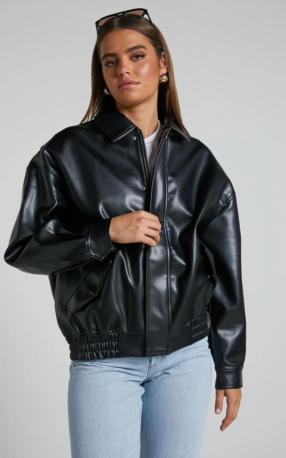 Women's Faux Leather Jacket Zip Up Short Fitted Slim Coat Bomber Jacket Women