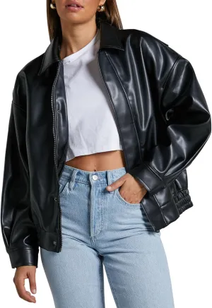 Women's Faux Leather Jacket Zip Up Short Fitted Slim Coat Bomber Jacket Women
