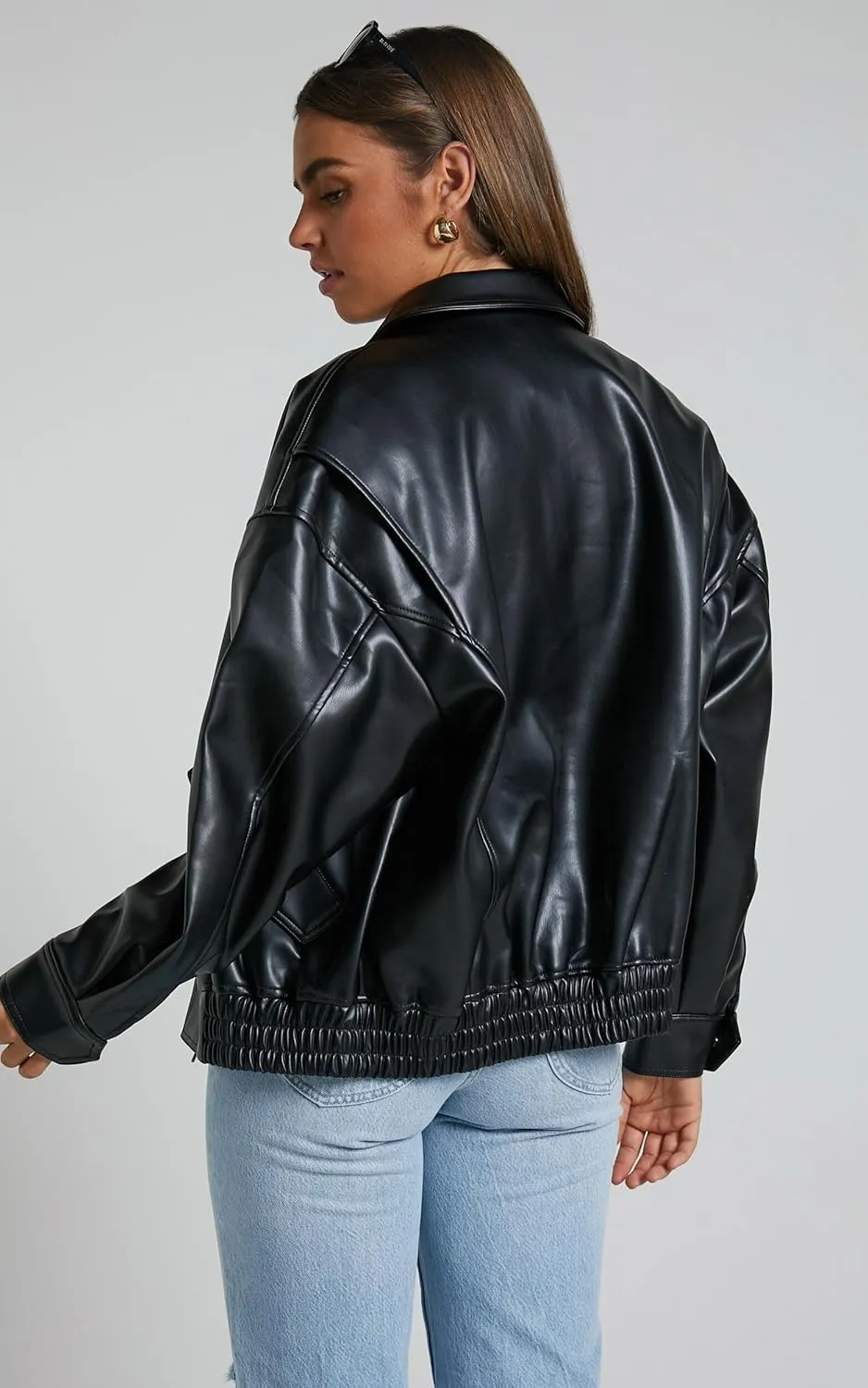 Women's Faux Leather Jacket Zip Up Short Fitted Slim Coat Bomber Jacket Women