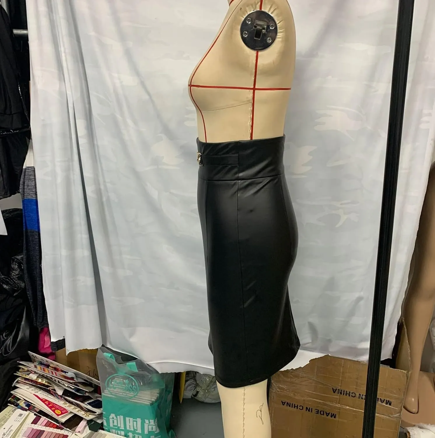 Womens Faux Leather Midi Skirt High Waisted Ruched Bodycon Pencil Skirt