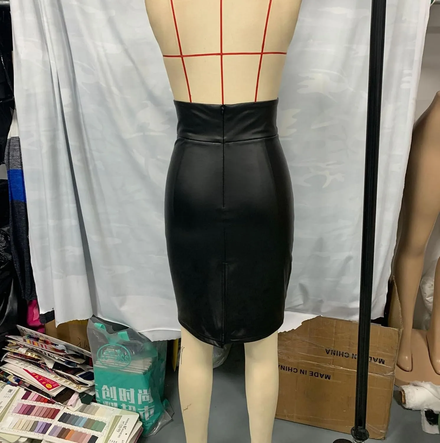 Womens Faux Leather Midi Skirt High Waisted Ruched Bodycon Pencil Skirt