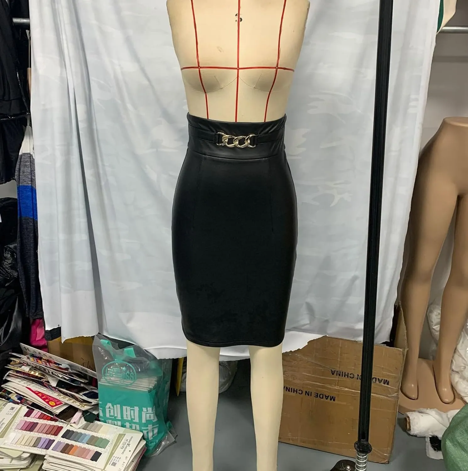 Womens Faux Leather Midi Skirt High Waisted Ruched Bodycon Pencil Skirt
