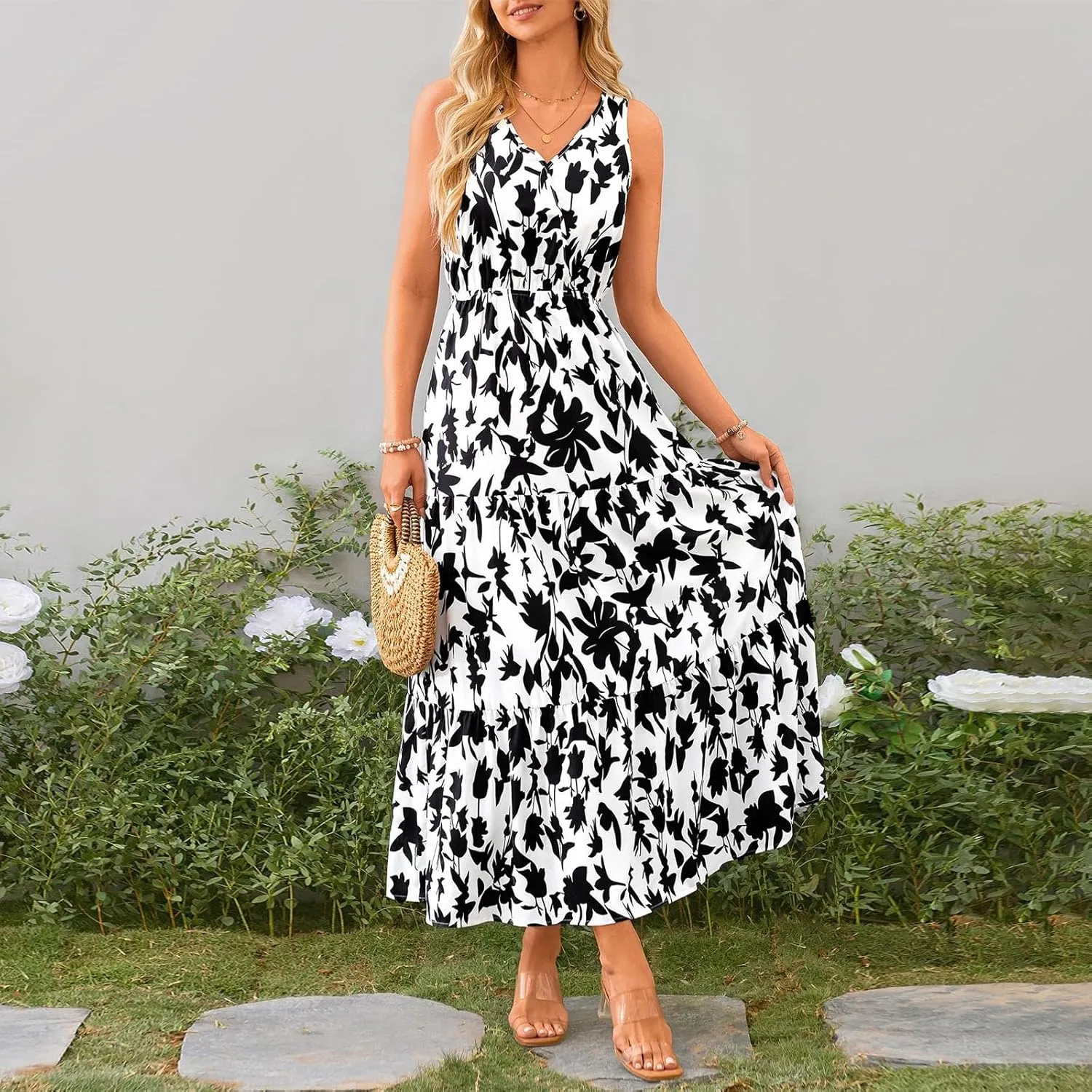 Womens Floral Maxi Dress V Neck Flowy Swing Summer A Line Dress Elastic Waist Sundress Elegant Wedding Guest Dresses
