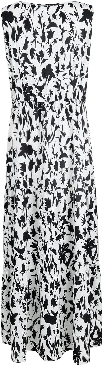 Womens Floral Maxi Dress V Neck Flowy Swing Summer A Line Dress Elastic Waist Sundress Elegant Wedding Guest Dresses