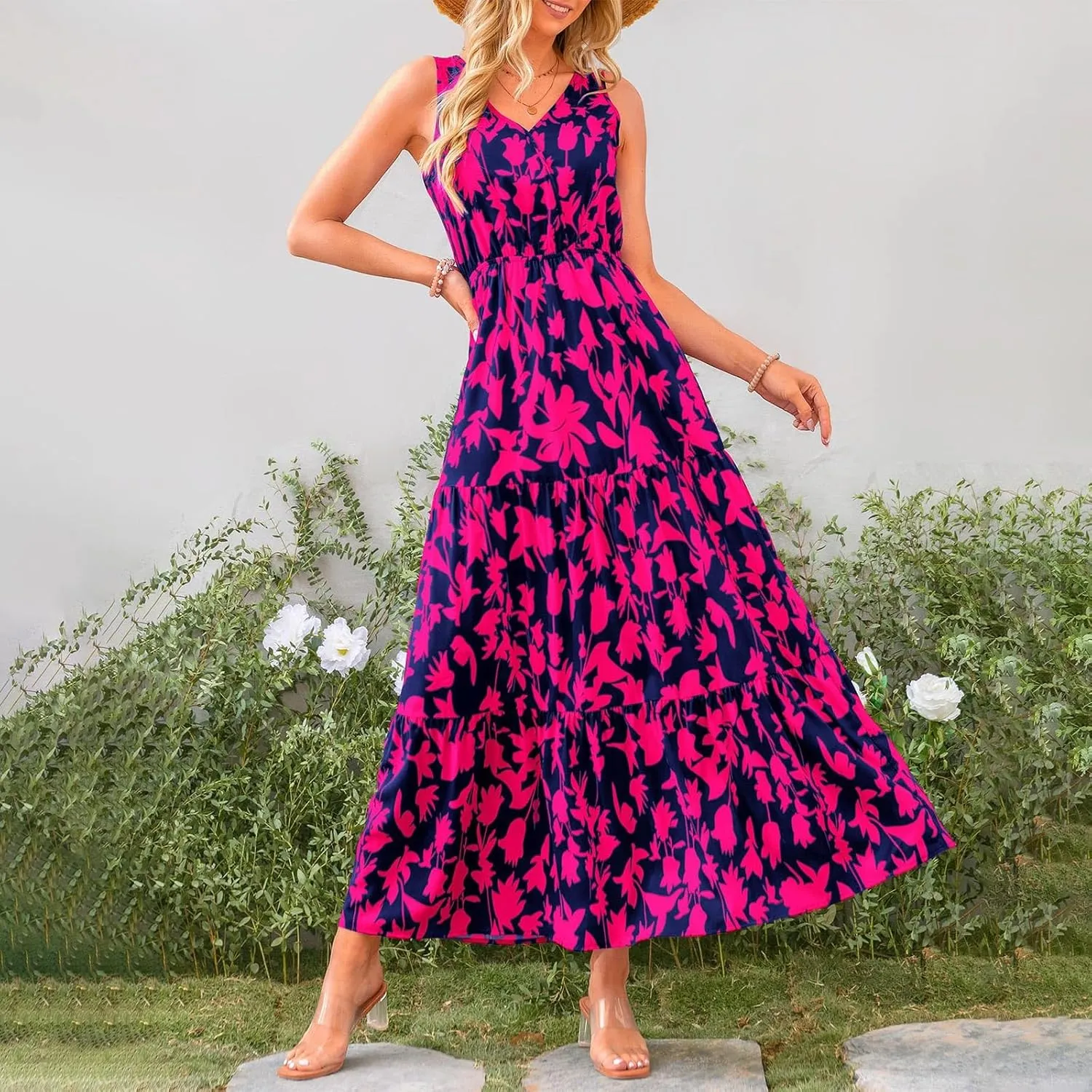 Womens Floral Maxi Dress V Neck Flowy Swing Summer A Line Dress Elastic Waist Sundress Elegant Wedding Guest Dresses