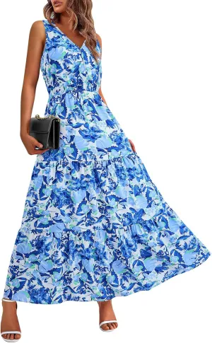 Womens Floral Maxi Dress V Neck Flowy Swing Summer A Line Dress Elastic Waist Sundress Elegant Wedding Guest Dresses